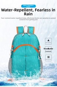 Close-up of waterproof hiking backpack showing fabric texture and water-resistant droplets