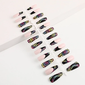 Pink almond press-on nails with black French tips and colorful floral patterns, 24pc set