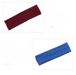 Detail showing elastic sports headbands in burgundy and royal blue with stretch texture