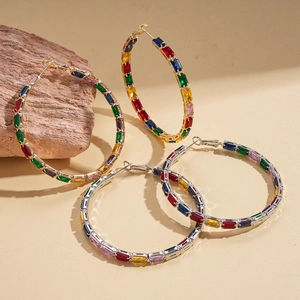 Chic gold and silver hoop earrings with vibrant colorful baguette-cut zircon crystals