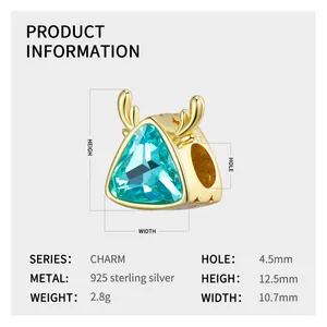 Detailed measurement of S925 sterling silver Christmas charm with blue stone and gold antlers