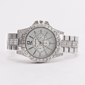 Men's fashion silver quartz watch with full iced-out diamonds and three-eye dial
