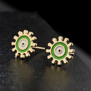 INS style 18K gold plated gear stud earrings with green and white enamel eye patterns