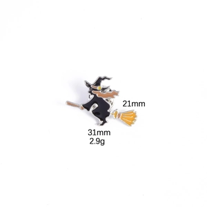 Detail view of witch on broomstick enamel pin with 31mm x 21mm size and 2.9g weight