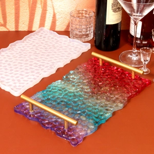 Detailed view of DIY resin rectangular tray silicone mold with gold handles and honeycomb texture