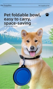 Portable blue TPE folding pet bowl in collapsed state with metal carabiner for hiking