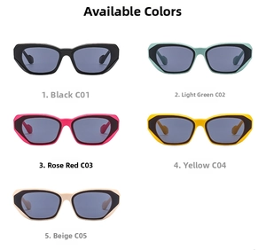 Collection of cat-eye sunglasses in five vibrant colors with thick polygon frames