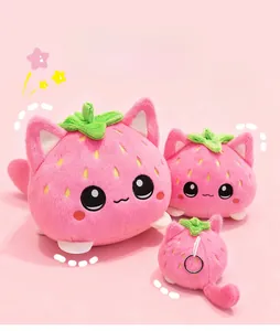 Detailed plush strawberry cat toys in three sizes with cute embroidery and pink fur
