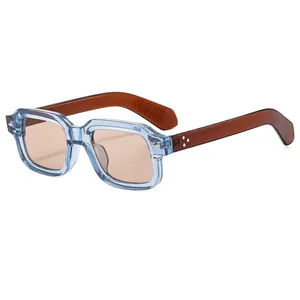 Retro square arrow sunglasses with blue frames and star rivets in a 45-degree angle view