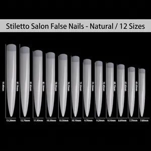 Tabella taglie dettagliata per punte unghie stiletto extra lunghe con 12 misure