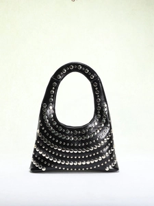 Punk style black leather underarm bag with silver studs and U-shaped handle