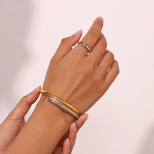 Two-tone double-layered interlocking stainless steel bangle and ring set for women