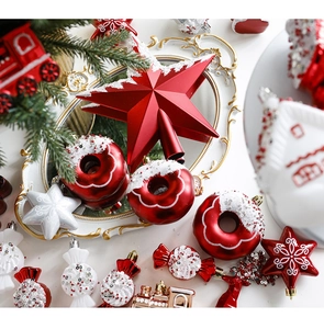 Festive red and white Christmas ornaments set featuring star topper and candy shapes