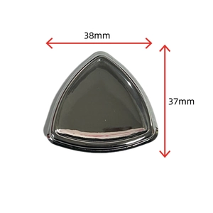 Technical drawing showing a 38mm by 37mm polished silver triangle stainless steel brooch