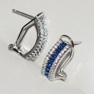 Elegant S925 silver hoop earrings with blue square gems and white cubic zirconia