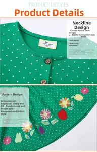 Detail of green polka dot dress showing collar buttons and fruit applique embroidery