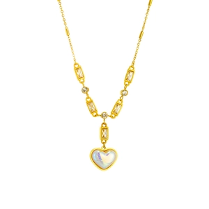 Golden titanium steel chain necklace with colorful opal heart pendant and sparkling crystals