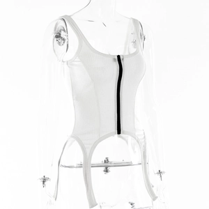 Vue latérale du corset en maille côtelée blanche avec fermeture éclair et bretelles
