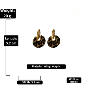 Detailed size specifications for leopard print acrylic geometric hoop earrings with 925 silver needles