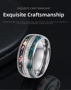 Polished tungsten ring featuring colorful crushed opal and meteorite texture inlay