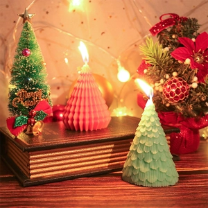 3D geometric Christmas tree scented candles in pink and green for DIY holiday decor