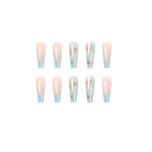 French blue and nude press on nails with gold butterflies and waves, long coffin shape