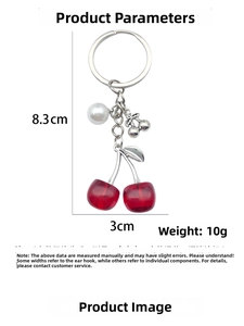 Detail view of sweet resin cherry keychain with pearl and size markers 8.3x3cm