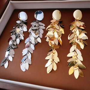 Leaf Sequins Long Tassel Dangle Earrings Metallic Layered Statement Jewelry For Women With Steel Earring Post Trendy