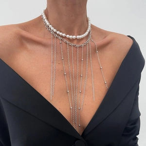 Double-layer faux pearl choker and silver tassel fringe necklace for women