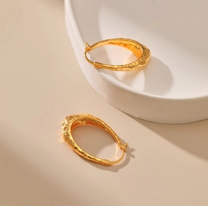 French vintage irregular textured 18K gold plated brass oval hoop earrings for women