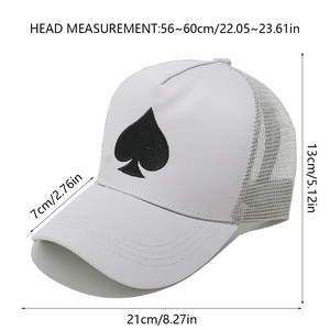 Detailed size guide of white trucker hat with spade embroidery and breathable mesh