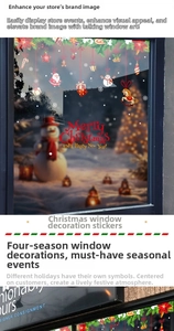 Detail of Christmas window stickers featuring Santa Claus and snowman festive decals