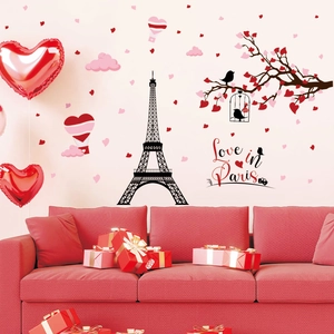 Paris themed wall stickers featuring Eiffel Tower and hearts for romantic home decoration