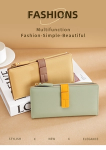 Detail of contrast color long leather wallets with drawstring snap and zipper closure