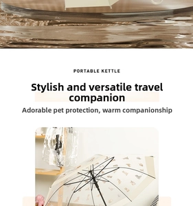 Detail of transparent long-handle umbrella featuring cute cat patterns and beige trim