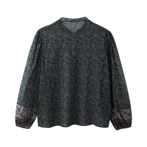 Back view of fashion long sleeve shirt featuring metallic prints and vintage patterns