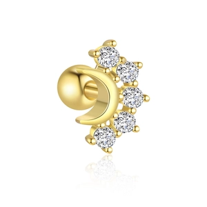 Macro shot of gold moon ear stud with five sparkling zircons and a secure ball back closure