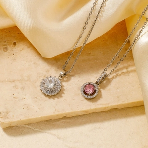 Elegant geometric round pendant necklaces with pink and white cubic zirconia stones