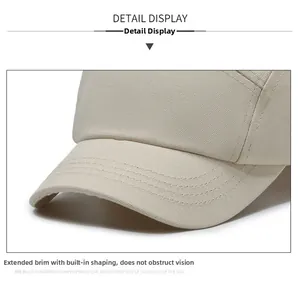 Detail of beige baseball cap featuring a long brim with reinforced stitching and canvas texture