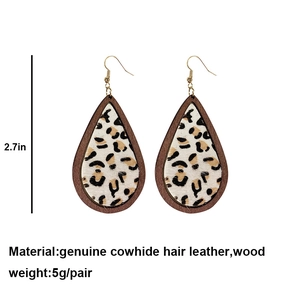 Leopard print cowhide hair and wood teardrop earrings in 2.7-inch bohemian style