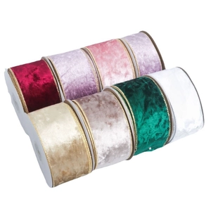 Velvet Christmas ribbon rolls with gold wire edges in multiple vibrant colors