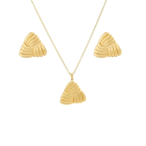 Detailed view of gold-tone twisted triangle necklace and stud earrings set on white background