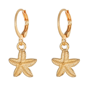 Gold starfish charm hoop earrings with detailed metal texture for beach vacation style