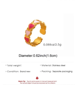 Dimensioni dettagliate e specifiche di peso di 2,5g per l'anello a cuore rosa