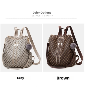 Side-by-side view of gray and brown monogram backpacks with faux fur pom pom charms
