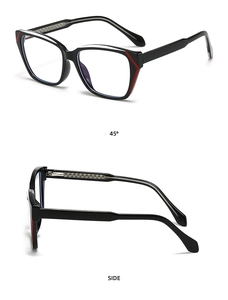 Classic black square anti-blue light glasses with red accents in 45-degree and side views