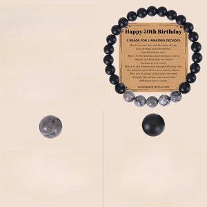 50th Birthday Map Stone and Matte Black Onyx Bead Bracelet with Gift Card for Men