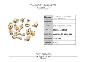 Macro detail of gold stainless steel heart lock and key pendants with technical dimensions