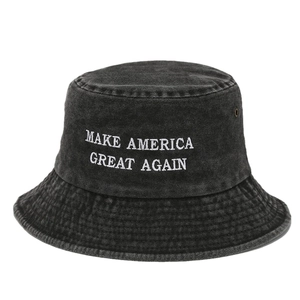 Chapeau bob en denim noir délavé vintage avec broderie blanche MAKE AMERICA GREAT AGAIN