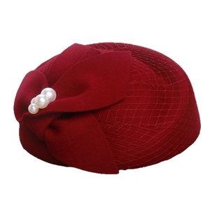 Elegant wine red wool felt beret with mesh veil, bow and pearl accents for women